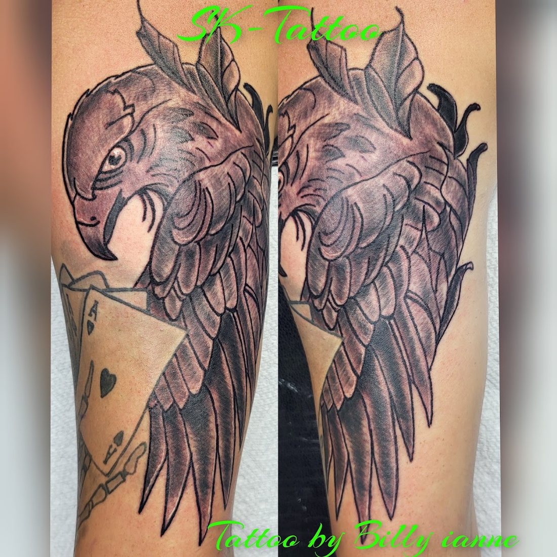 Black and gray angel wings across the back by Billy at SK-Tattoo1 in Meridian, Mississippi