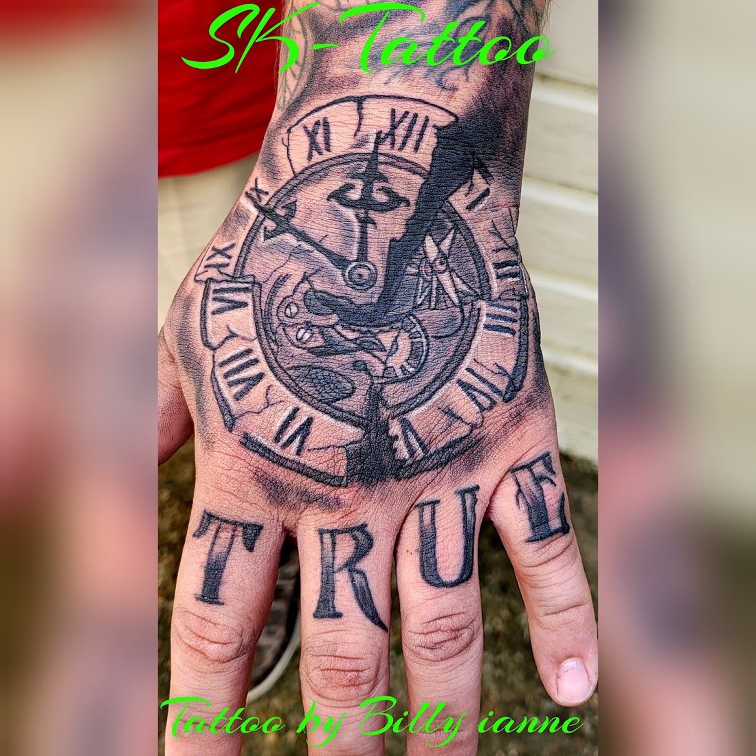 Clock and lettering hand tattoo by Billy at SK-Tattoo1 in Meridian, Mississippi