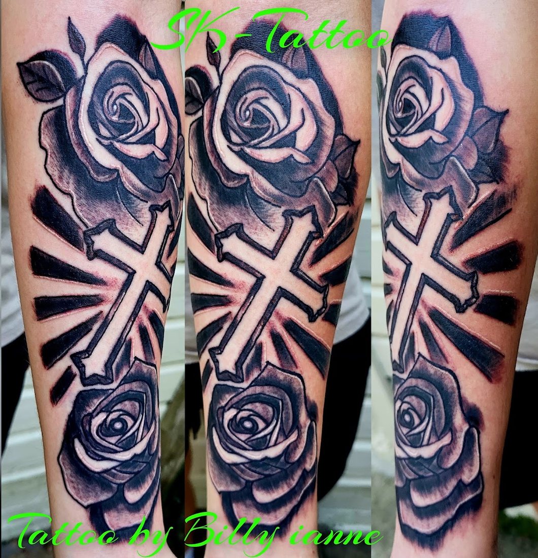 Cross and roses forearm sleeve by Billy at SK-Tattoo1 in Meridian, Mississippi