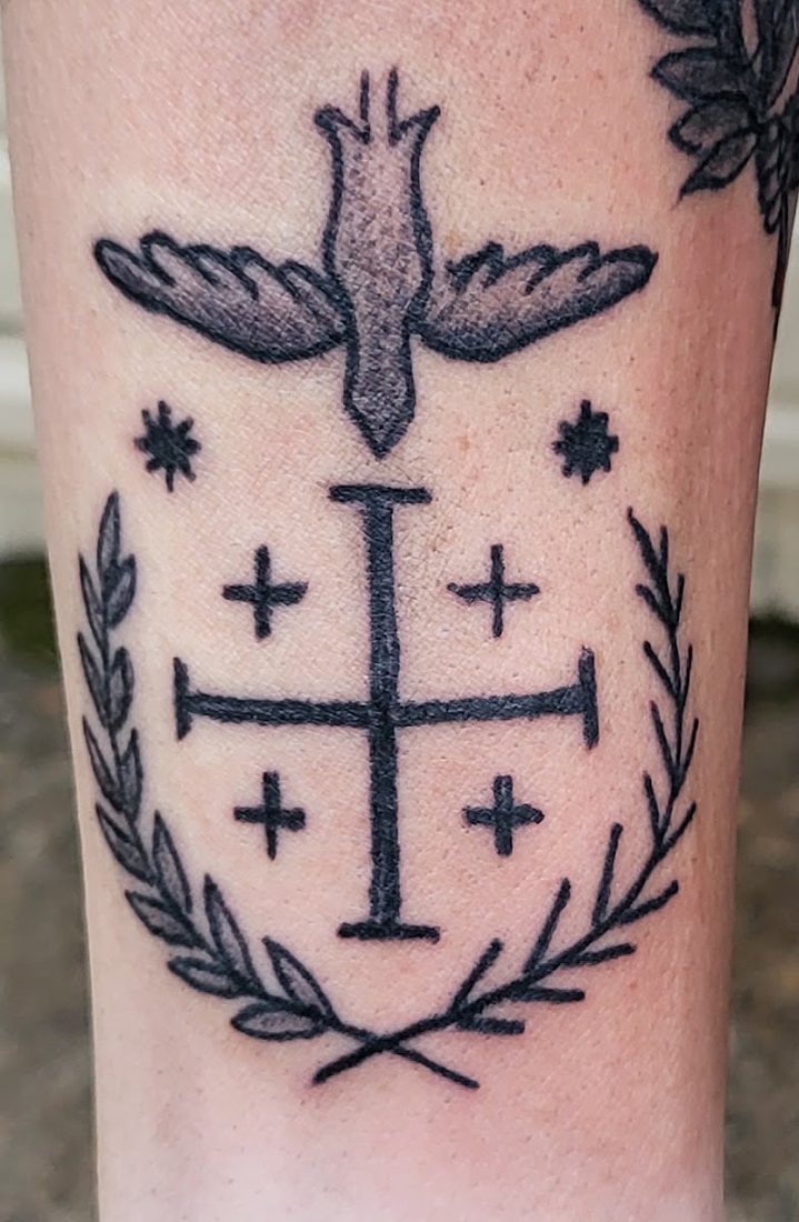 Crusader cross and dove forearm by Billy at SK-Tattoo1 in Meridian, Mississippi
