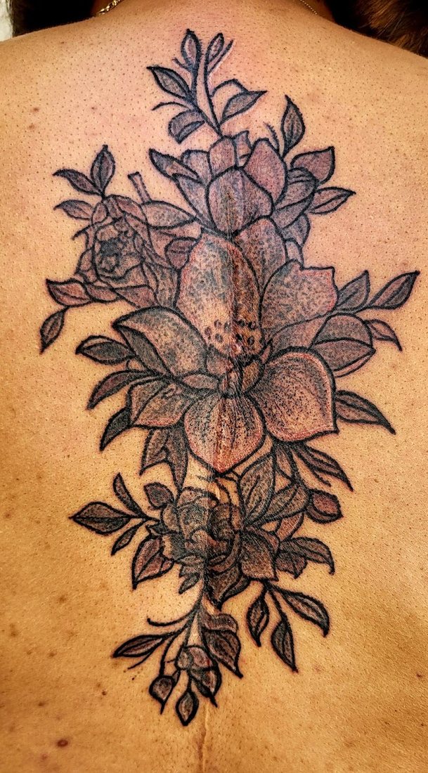 Black and gray floral back piece by Billy at SK-Tattoo1