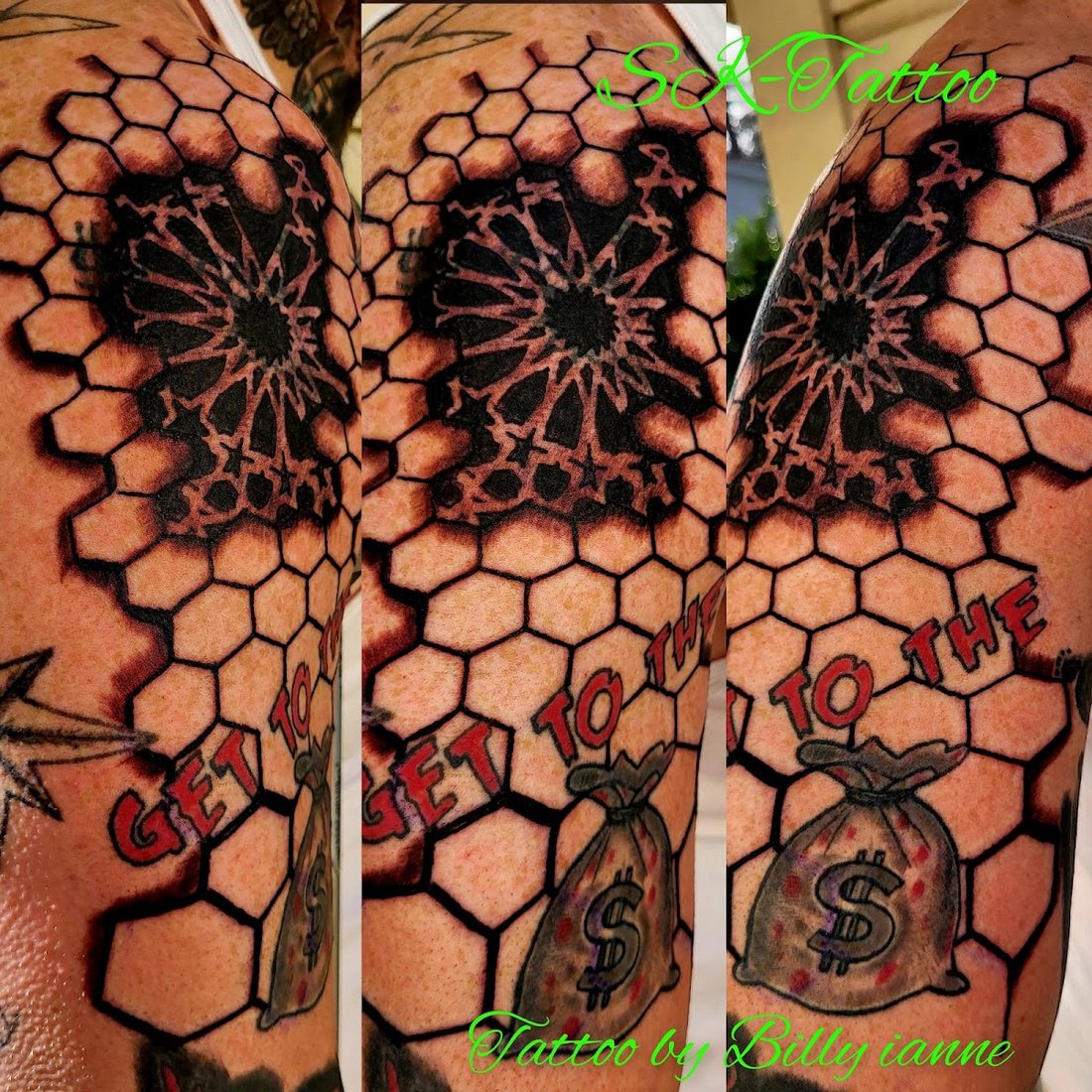 Honeycomb and bee sleeve by Billy at SK-Tattoo1 in Meridian, Mississippi
