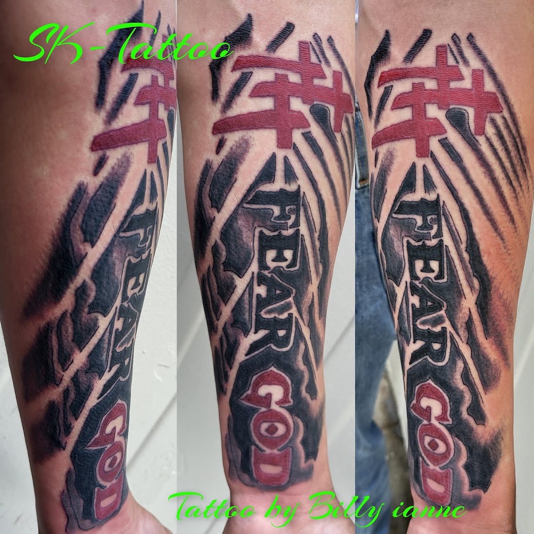 Script lettering panels down the calf by Billy at SK-Tattoo1 in Meridian, Mississippi