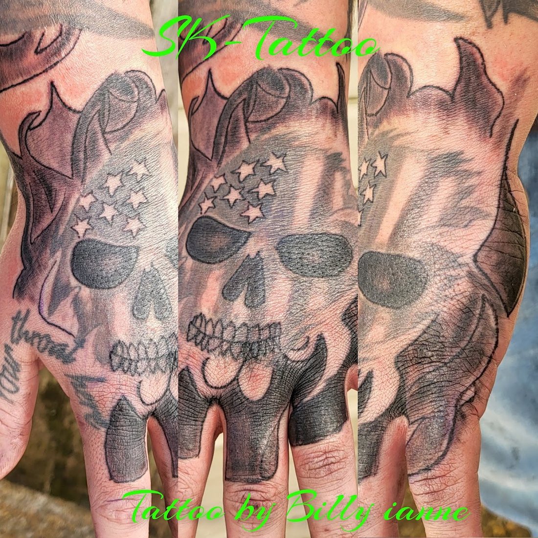 Matching skull hand tattoos by Billy at SK-Tattoo1 in Meridian, Mississippi