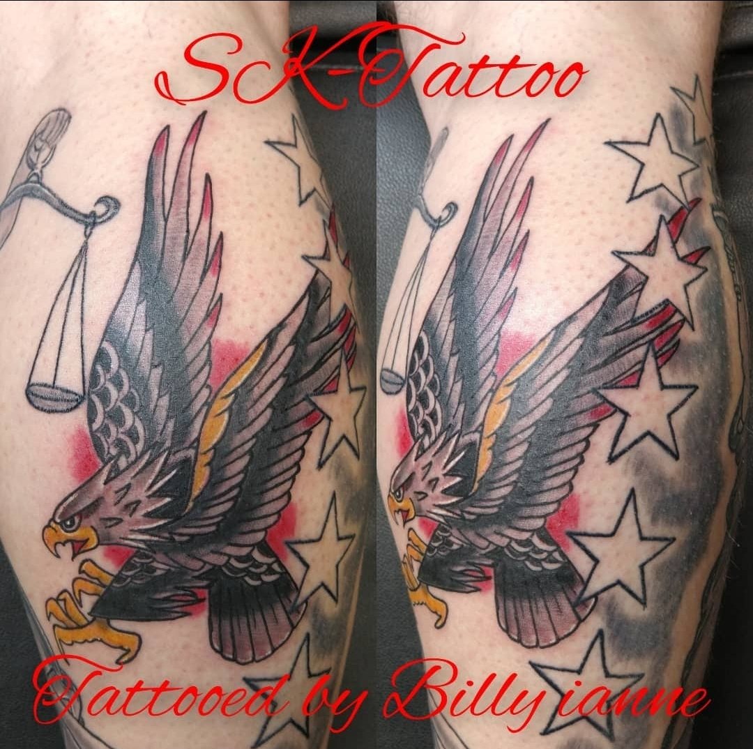Matching winged scales of justice calf pieces by Billy at SK-Tattoo1 in Meridian, Mississippi